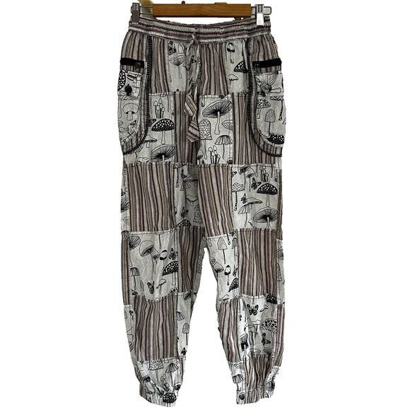 Rising international Pants - Rising International Mushroom Print Pants Size Medium Patchwork Pockets Pull On